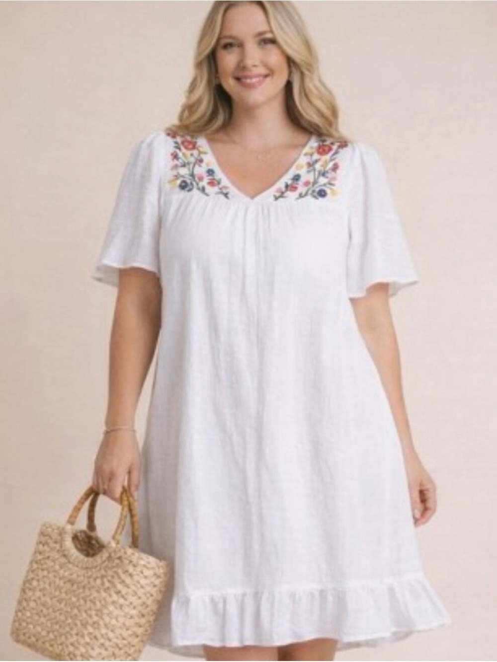 New!Cotton Lined White Gauze V-Neck Embroidered Floral Babydoll Dress Size 2X